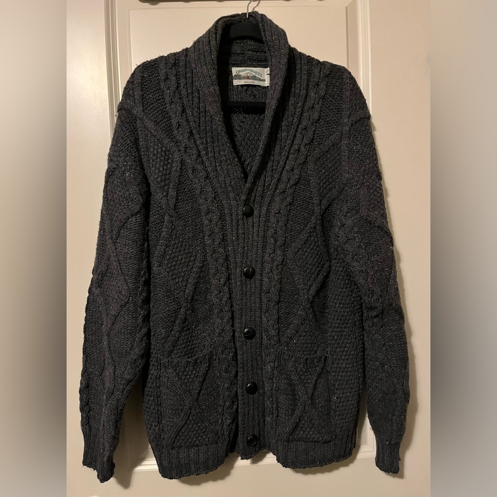 Aran Crafts Shawl Neck Diamond Merino Wool Cardigan Small - Picture 2 of 5